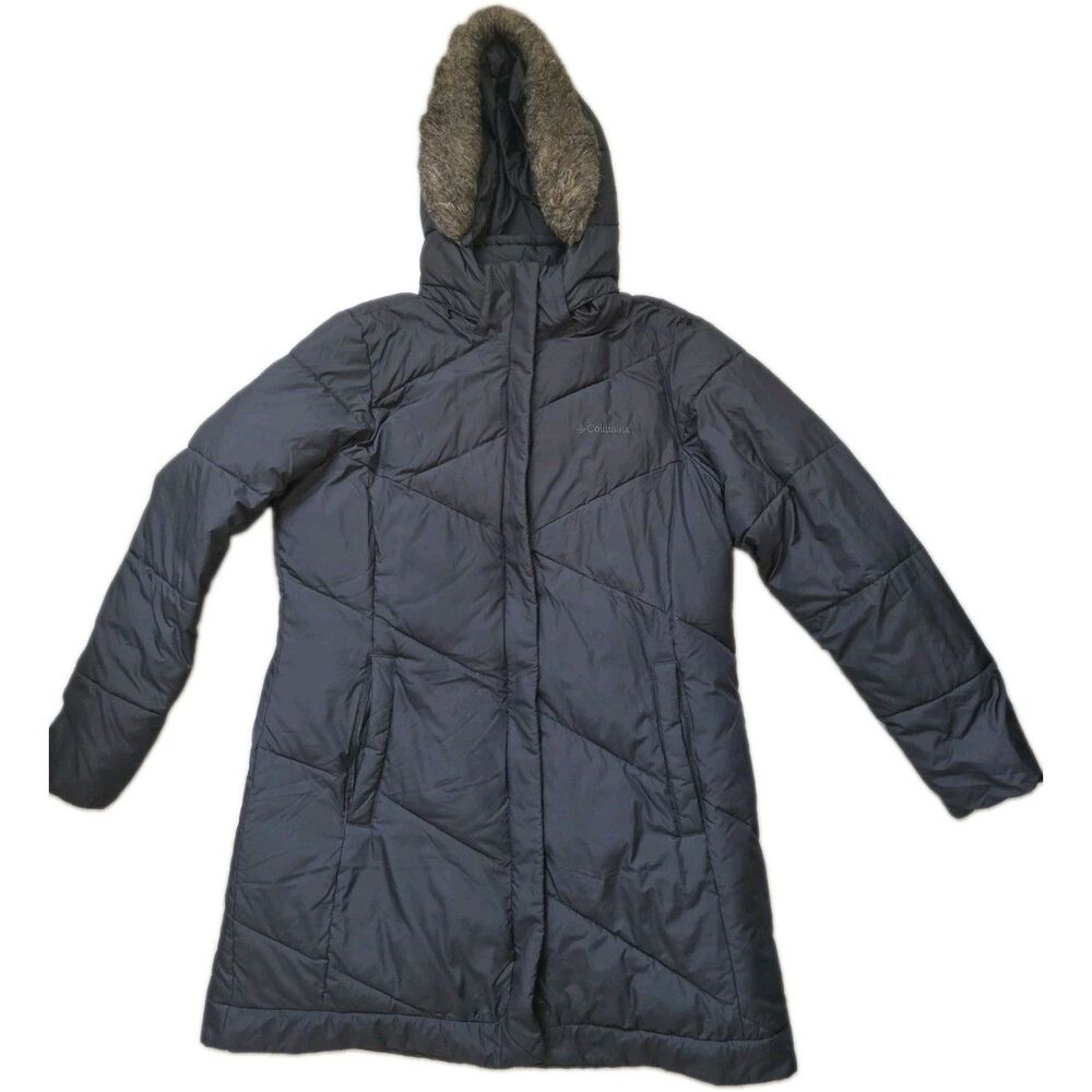 Columbia Black Long Puffer Coat Faux Fur Hood Insulated Full Zip Women’s L GUC